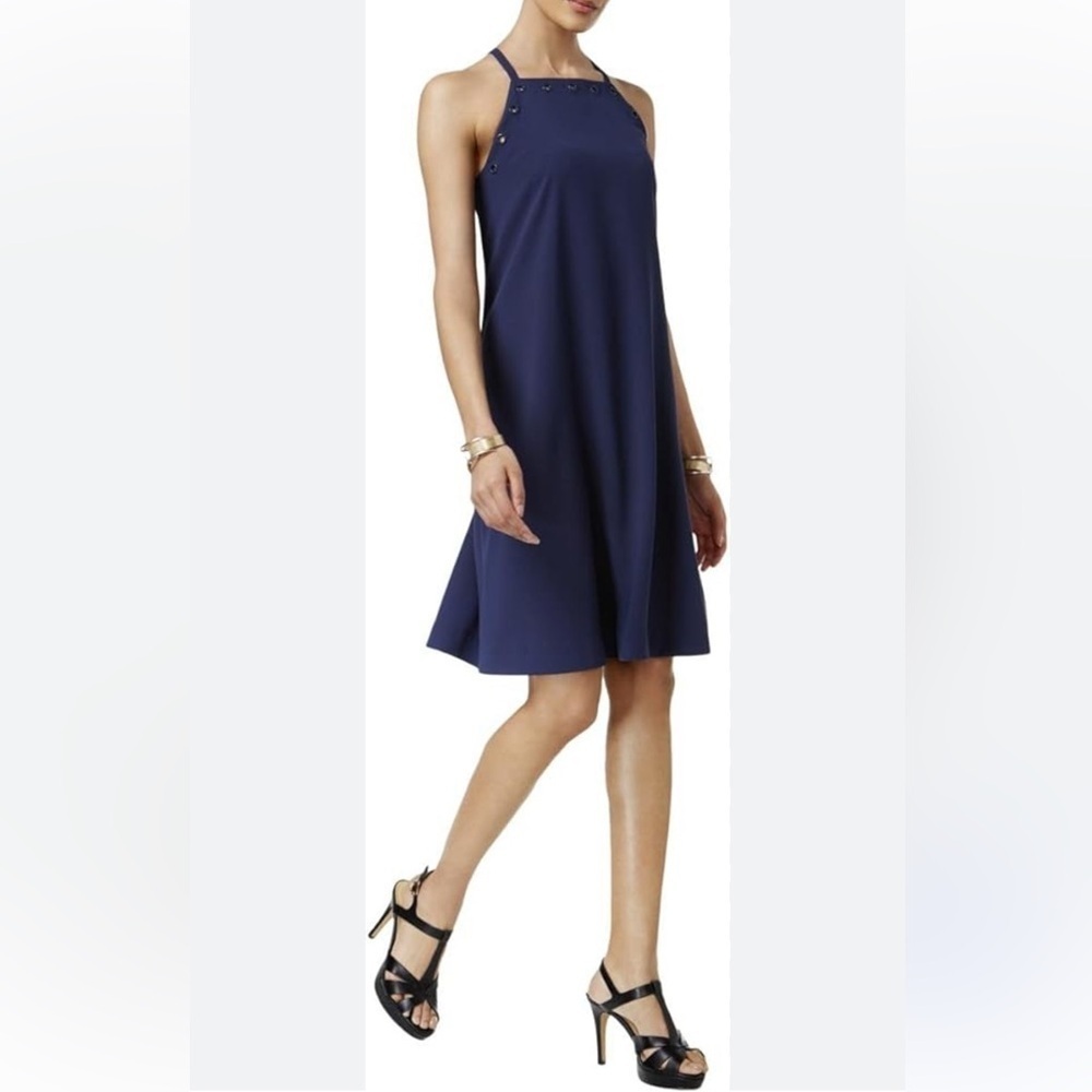 ALFANI navy blue shift dress tank / square neck grommets accents zip back sz 14